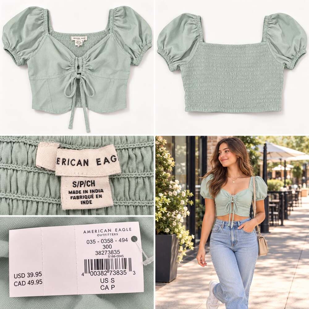 🌿 NWT American Eagle Sage Green Puff-Sleeve Tie-Front Crop Top S NWT